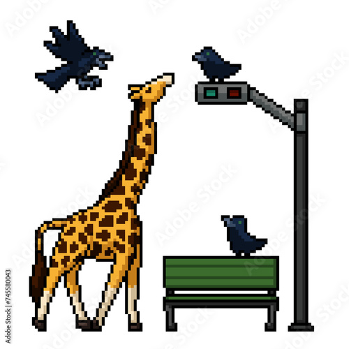 pixel art of giraffe and crow