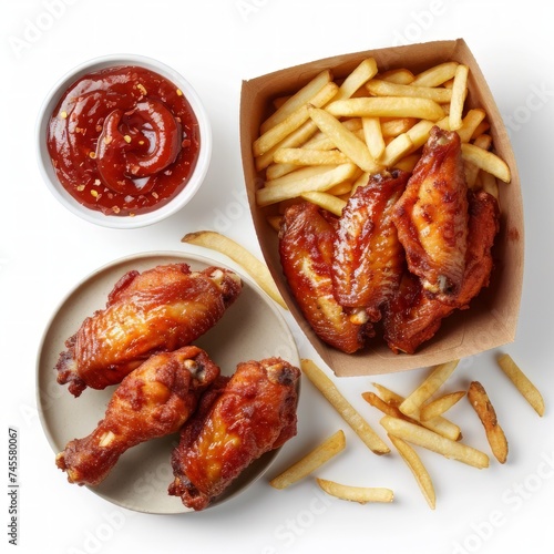 Crispy Chicken Wings and Golden French Fries With Ketchup