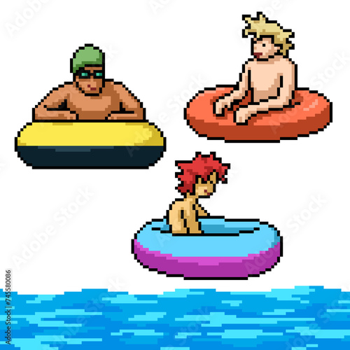 pixel art of man swim rubber ring