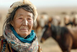 elderly Mongolian woman of 50-60 years old stands against the background of a herd of grazing horses.