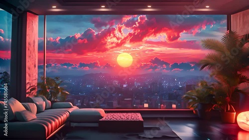 animated virtual backgrounds, stream overlay loop, interior, cozy futuristic living room at sunset, vtuber asset twitch zoom OBS screen, chill anime lo-fi hip, generative  ai