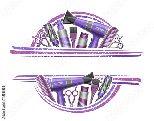 Vector border for Hair Salon with empty copyspace for ad text, decorative sign board with illustration of hair stylist accessories, purple colored beauty tools for lady hair salon on white background