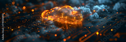 Abstract cloud symbol linked to microchip board Cloud circuit board. Technology Background CPU Concept Central Computer Processor Digital Chip Motherboard The Birth of Future Technology Innovation. 