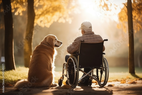 Lonely sad senior human in wheelchair with pet dog walking outdoors. Concept loneliness elderly, friendship people and animal. © Adin