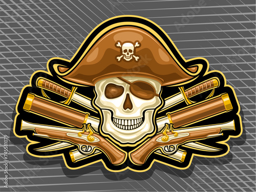Vector logo for Pirate Skull, horizontal poster with illustration of smiling skull in sea hat and pirate eyepatch, decorative crest with art design pirate skull for children party on grey background