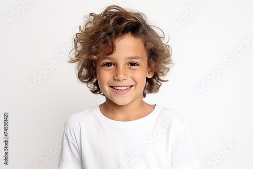Portrait of a cute little boy with curly hair on a white background © Iigo
