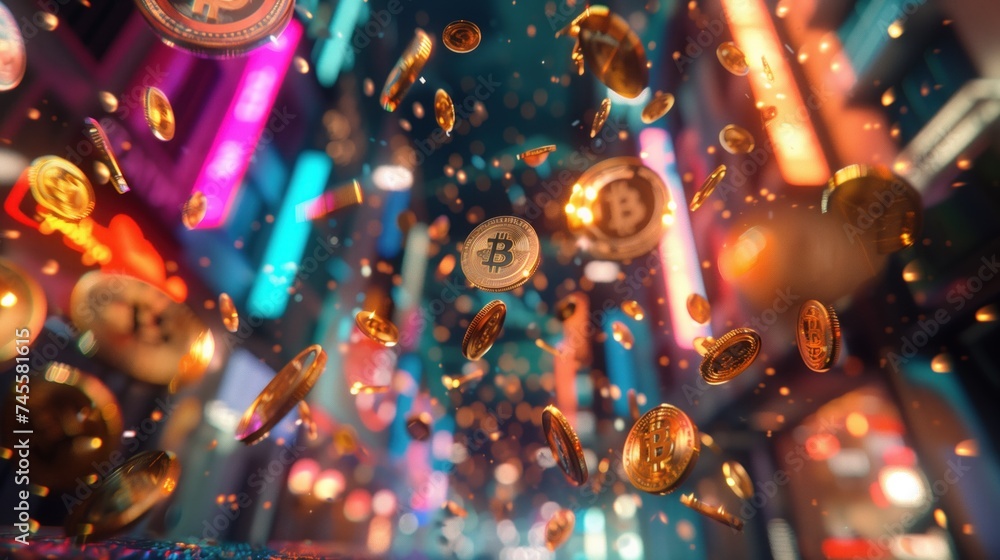 colorful style,Many golden cryptocurrency coins random fly on the air in the middle of image colorful style,Many golden cryptocurrency coins random fly on the air in the middle of image