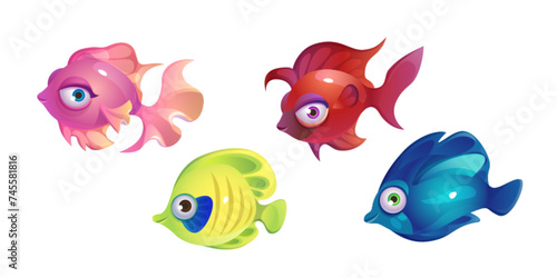 Cute cartoon fish with fin and smiling lips. Vector illustration set of funny sea or ocean animal characters. Aquarium or marine underwater creature collection. Aquatic bottom wildlife habitats