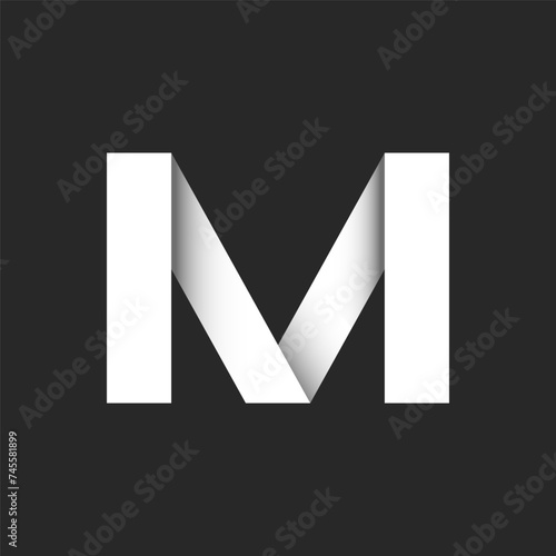 Bold letter M logo design resembling initials MV, VM, with 3D ribbons typography element, paper cut material mockup, gray and white gradient shadows, creative typography identity logotype.