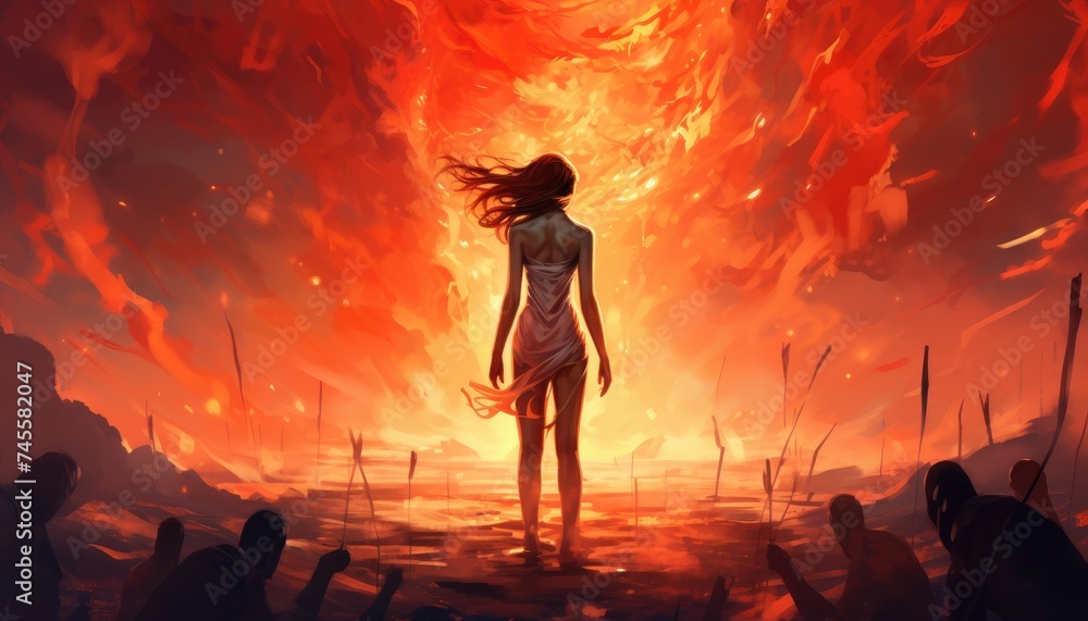 illustration of a female warrior in armor with fire in the background illustration of a female warrior in armor with fire in the background
