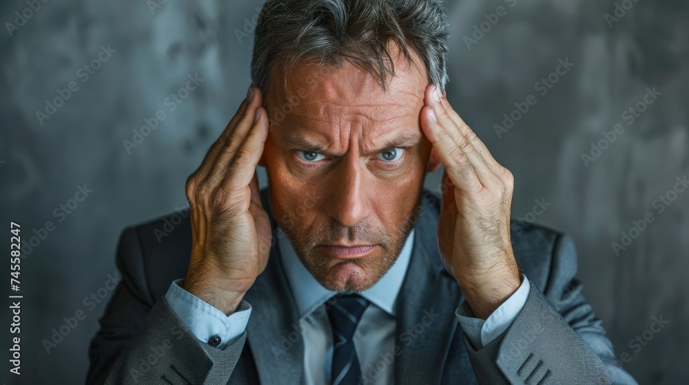businessman puts his hands on his temples and looks stressed businessman puts his hands on his temples and looks stressed