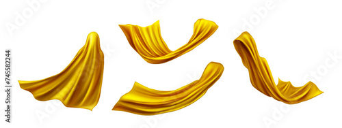 Realistic golden cape cloak of superhero in different positions floating in air under wind. Vector set of fabric costume mantle or silk scarf flying. Windblown gold curtain or drapery with wrinkles.