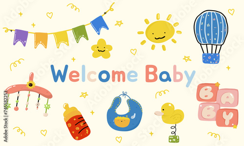 Welcome greeting card for childbirth with adorable baby accessories, welcome the little one into the family.