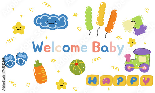 Welcome greeting card for childbirth with adorable baby accessories, welcome the little one into the family.