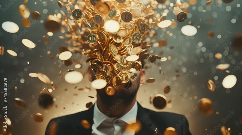 a man his head dissolving into gold coins. - obrazy, fototapety, plakaty 