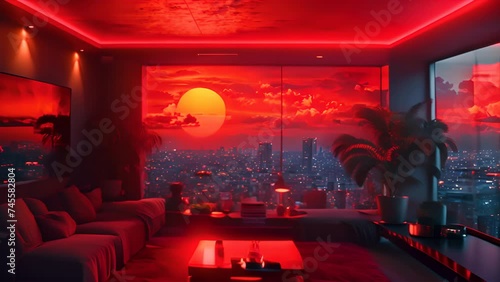 animated virtual backgrounds, stream overlay loop, interior, cozy futuristic living room at sunset, vtuber asset twitch zoom OBS screen, chill anime lo-fi hip, generative  ai