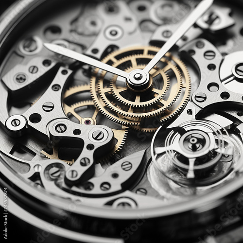 black and white close view of watch mechanism Job ID: 5c26cb2e-b60a-4b48-8feb-87b54da41254