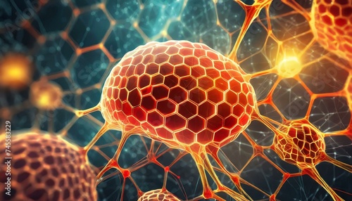 3d rendered illustration of a molecule, Abstract geometric background. with hexagons. Structure of human brain cells, neurons glowing orange and red colors. Medicine, technology, communication concept