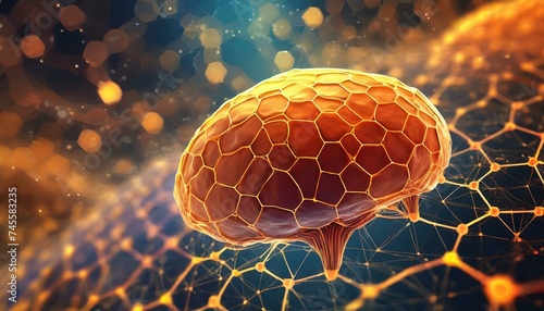 background with bubbles, Abstract geometric background. with hexagons. Structure of human brain cells, neurons glowing orange and red colors. Medicine, technology, communication concept