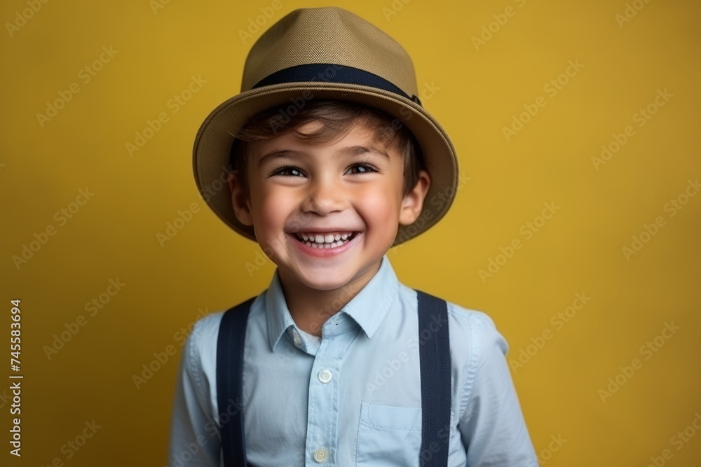 Portrait of a little boy in a hat on a yellow background Portrait of a little boy in a hat on a yellow background