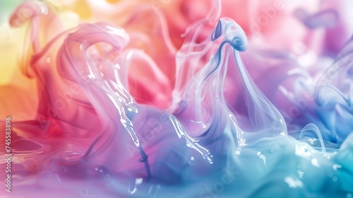Discover the lifelike intricacies of a color explosion with a close-up perspective, showcasing the grainy and abstract flowing patterns of blurred pink, blue, red, green, and yellow hues.