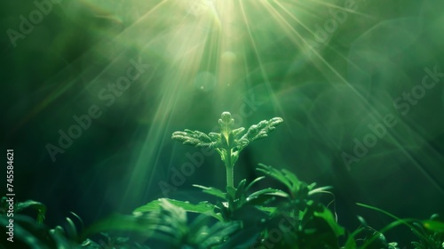 Rays of light shine down on a green cross shaped seedling illustrating the fusion of growth and spiritual renewal