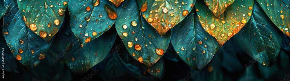 Group of Green Leaves With Water Drops - obrazy, fototapety, plakaty 