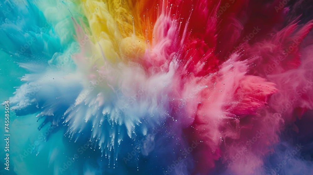 Experience the breathtaking realism of a color explosion up close, where blurred backgrounds of pink, blue, red, green, and yellow come alive in a dark and abstract. - obrazy, fototapety, plakaty 