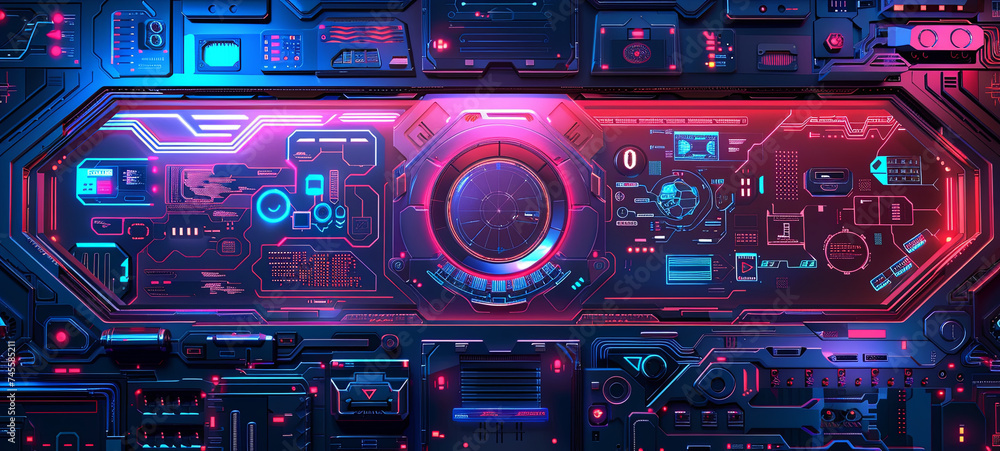 A vibrant, detailed cyberpunk-style HUD interface with intricate designs and futuristic technology elements, illuminated in neon blues and reds.