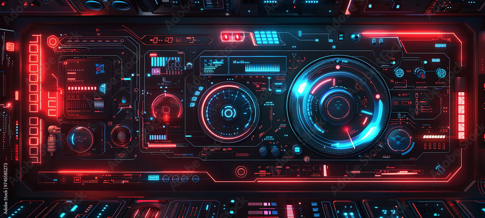 A futuristic cyberpunk HUD interface with intricate technology details, illuminated in vibrant red and blue lights, showcasing a complex, high-tech control panel.