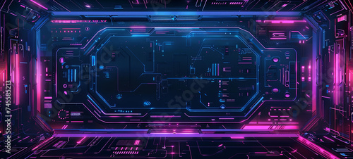 A vibrant cyberpunk HUD interface with intricate futuristic technology designs, illuminated in neon blue and pink lights.
