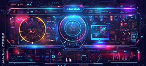 A vibrant, futuristic HUD interface with intricate details and neon colors, showcasing various data visualizations and cybernetic elements, embodying a cyberpunk aesthetic.