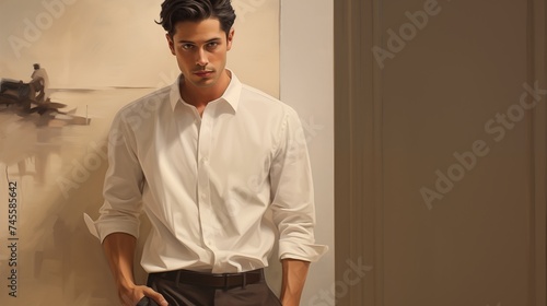 A button-up shirt half-tucked, effortlessly stylish, against a timeless, neutral backdrop