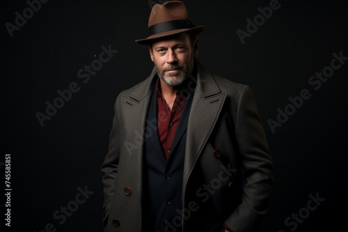 Handsome middle aged man in a hat and coat on a dark background