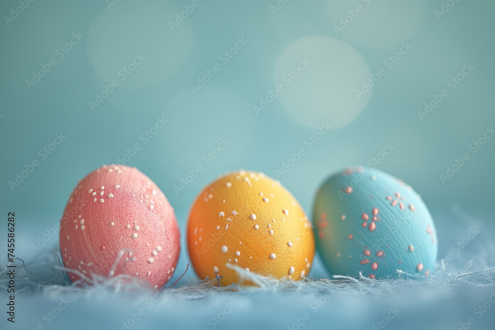 Stylish minimalistic composition of three pastel-colored Easter eggs arranged in a row on a soft blue background. Plenty of negative space for text. Copy space.
