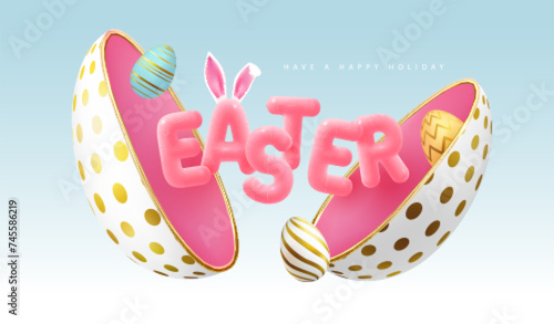Happy Easter typography background with cut out egg, colorful easter eggs and 3D text. Greeting card or poster. Vector illustration