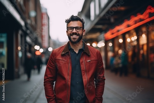 Portrait of a handsome young man wearing glasses and a red jacket in the city.