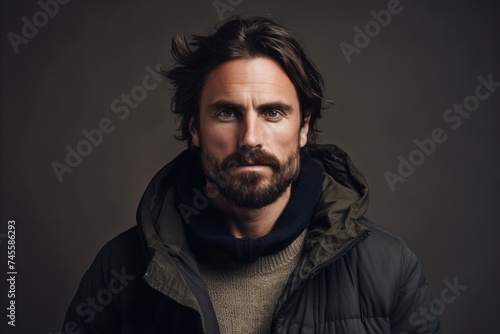 Portrait of a handsome bearded man in a winter jacket. Men's beauty, fashion.