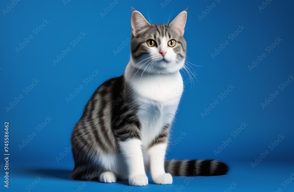 Gray cat on a blue background