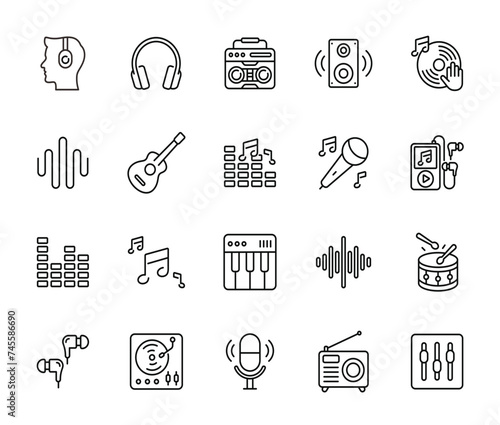 Music line icon set isolated on transparent background