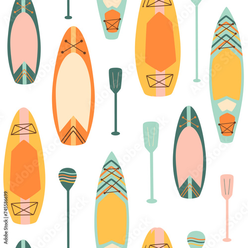 Sup board or paddle board seamless pattern. Summer water sport wallpaper, vector repeat background