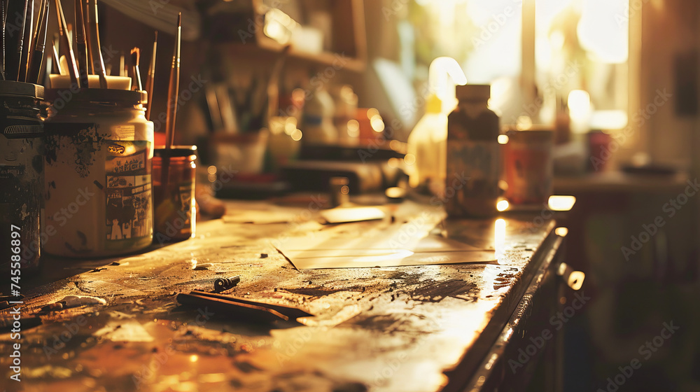 Old used drawing tools on a wooden table in an artist sudio Old used drawing tools on a wooden table in an artist sudio