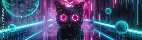 Pastel neon familiars from cybernetic owls to digital cats assist hackers in navigating the enchanted web