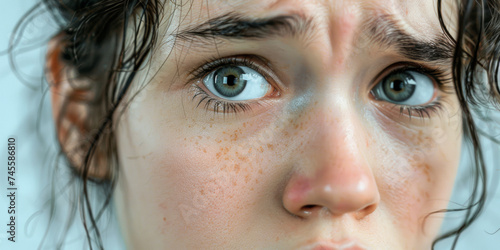 Intense Gaze: Hyper-Realistic Portrait of a Scared and Stressed Young Woman with Wet Hair and Freckles – Generative AI.