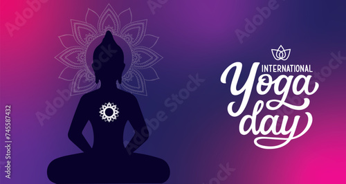 Vector illustration of poster design for celebrating International Yoga Day, yoga pose with birds flying and early morning