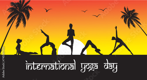 Vector illustration of poster design for celebrating International Yoga Day, yoga pose with birds flying and early morning