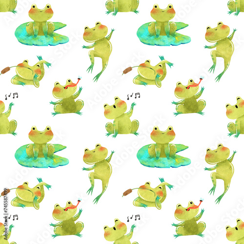 Cute funny green frog, toad watercolor illustration with eggs and tadpole seamless pattern. White background