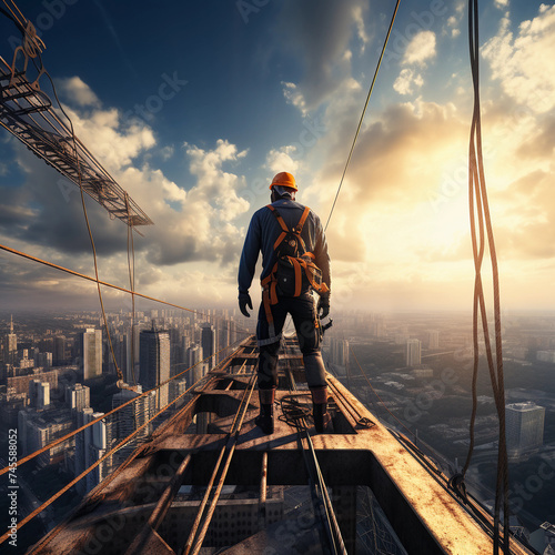 construction engineer worker at heights architecture sci-fi construction working platform on top of building  suspended cables  fall protection and scaffolding installation 