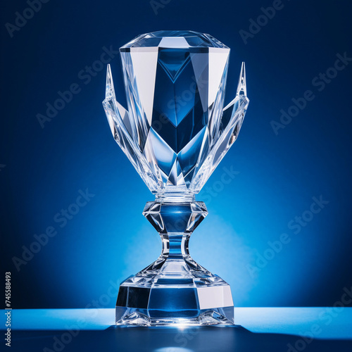 crystal trophy on blue background Job ID: 64bc43c5-98fe-4e40-ba29-4a8b476ea29c photo