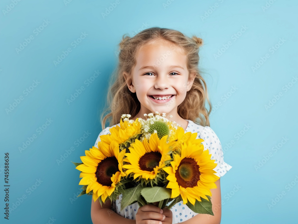 Cute blonde little girl in white dress hold sunflowers bouquet isolated on blue background with copy space. Florist minimal concept, spring gift, greeting card, children spring event. Cute blonde little girl in white dress hold sunflowers bouquet isolated on blue background with copy space. Florist minimal concept, spring gift, greeting card, children spring event.